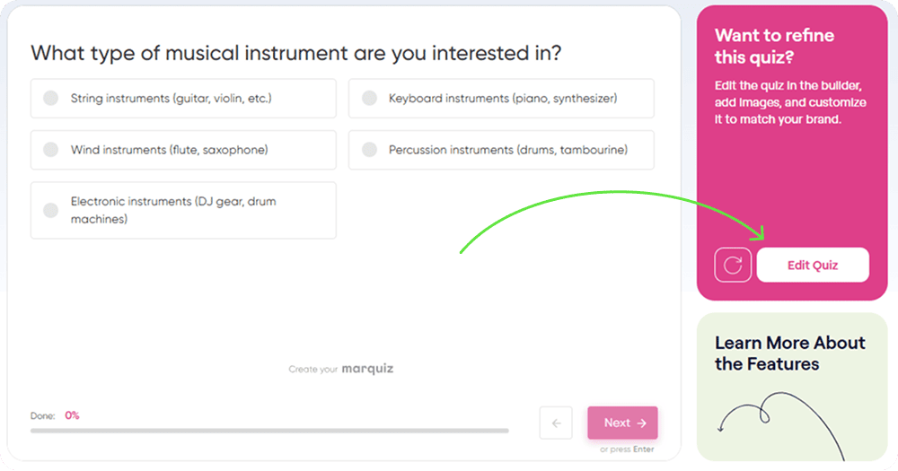 Edit Quiz button next to a generated quiz