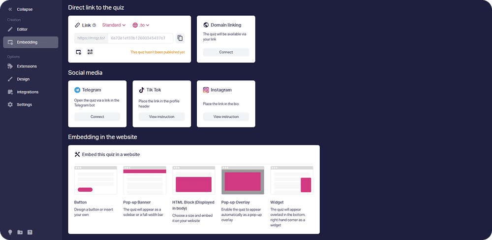 Sharing and embedding a published quiz