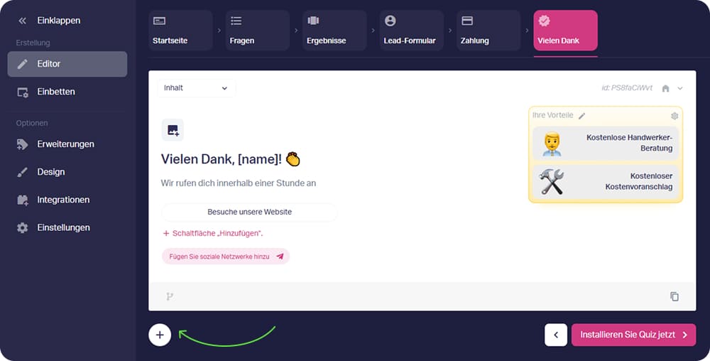 Zweite Danke-Seite im Quiz-Editor hinzufügen