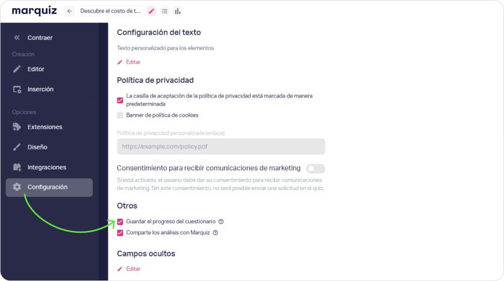 Guardar el progreso del quiz