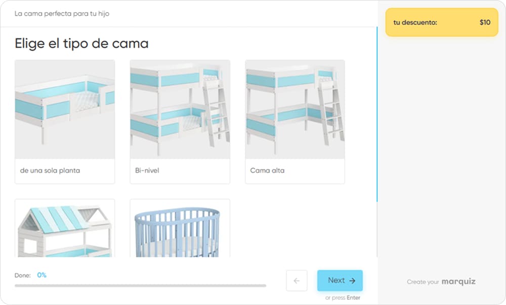 Pregunta con imágenes para elegir un tipo de cama