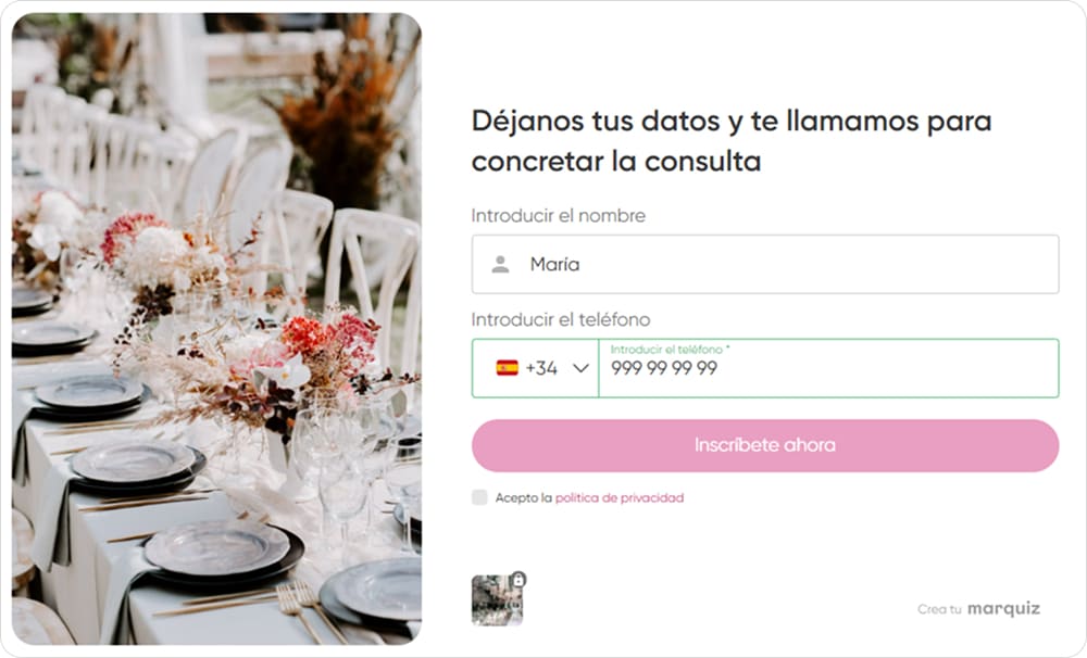 Formulario de contacto con nombre y teléfono