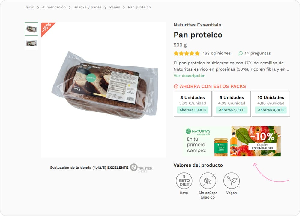 Widget de cupón en una ficha de producto