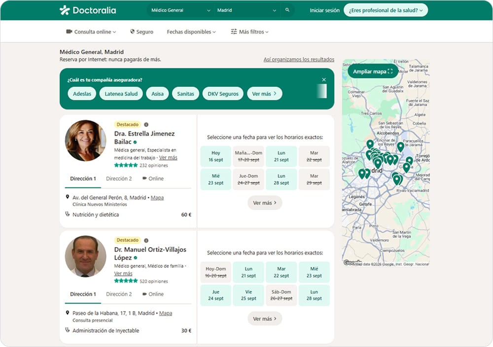 Calendario de reservas en la ficha de un médico