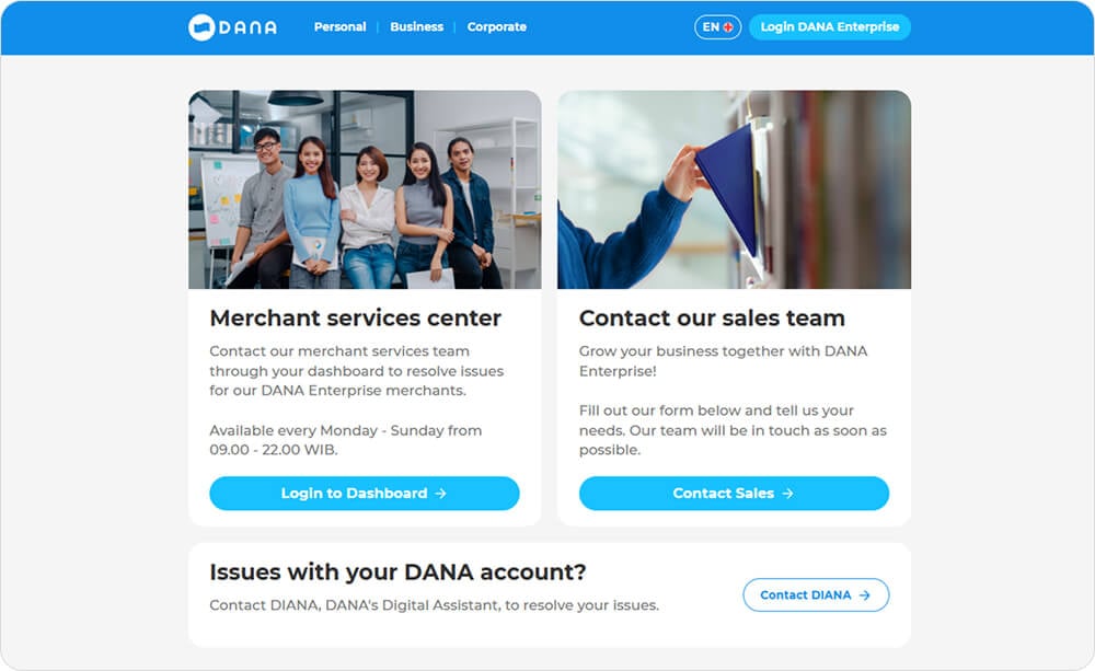 Halaman kontak DANA Enterprise