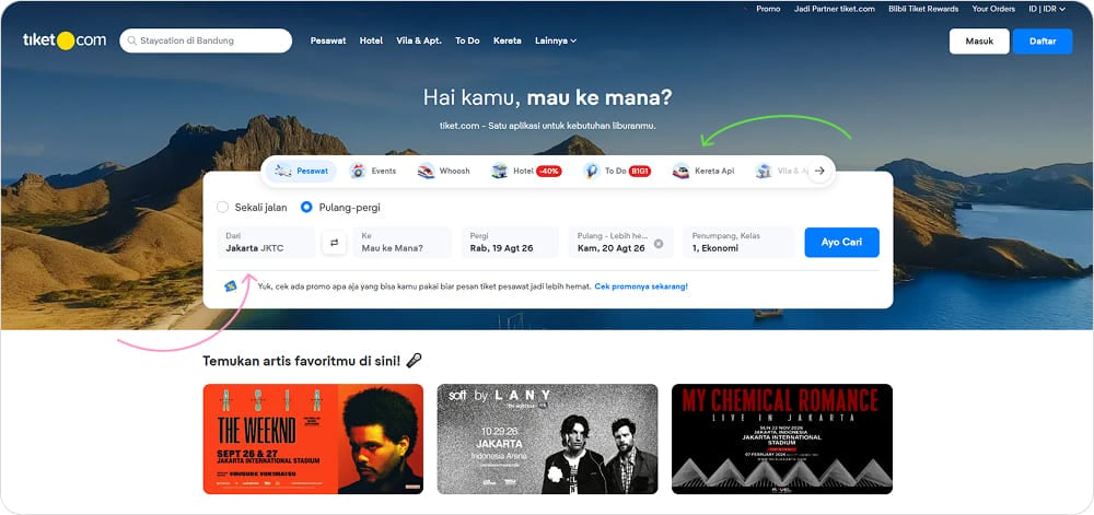 Widget pencarian di tiket.com