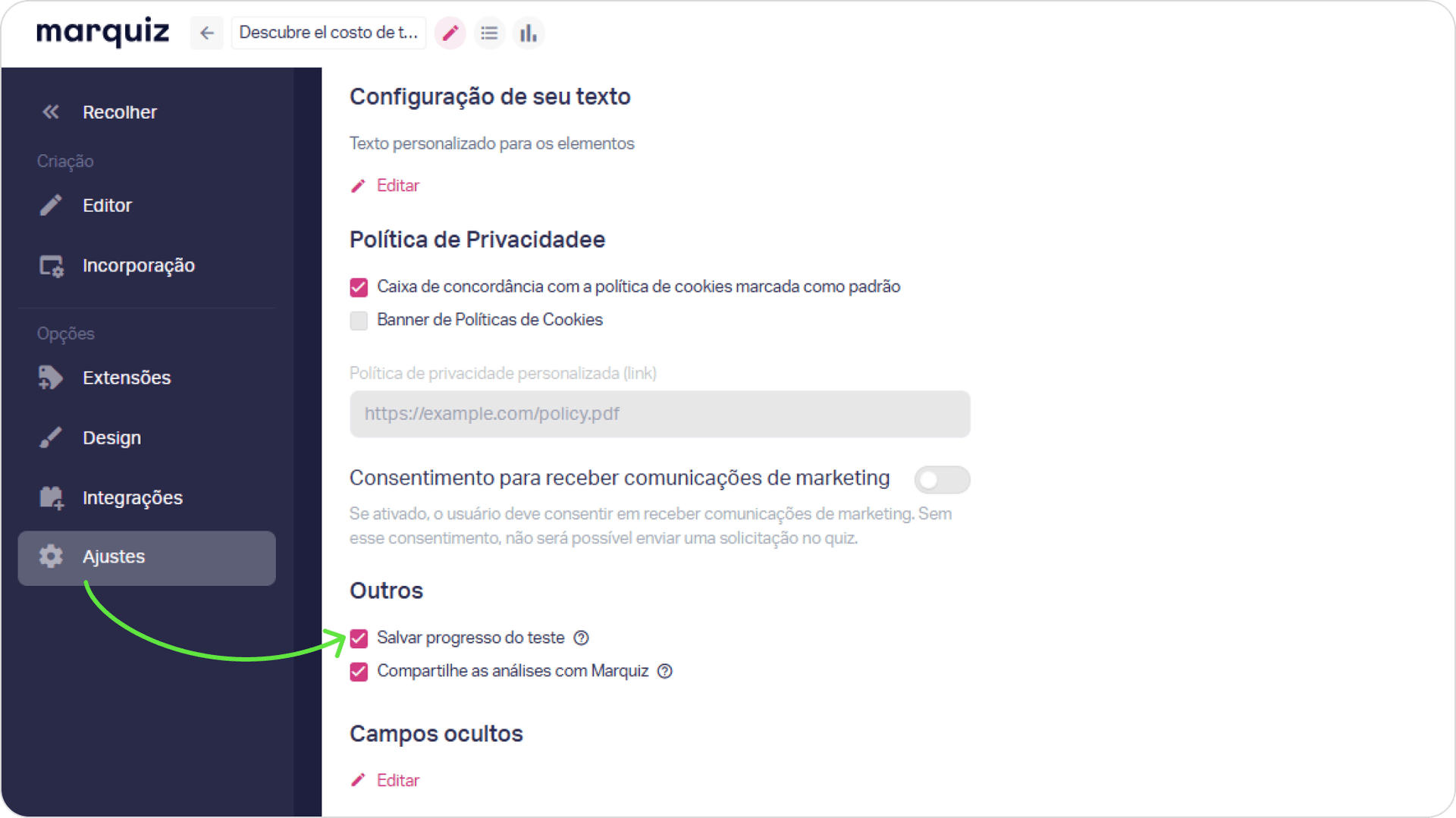 Salvar o progresso do quiz