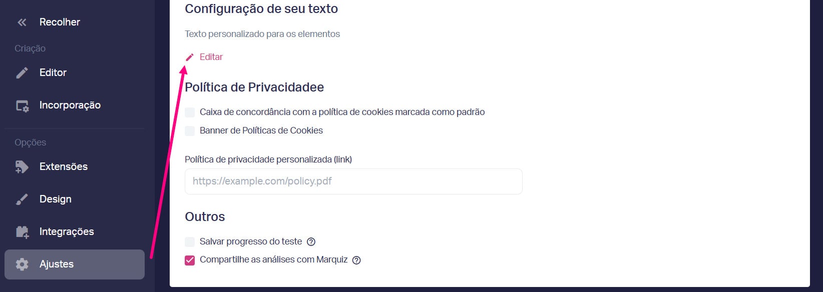 Settings to edit button text