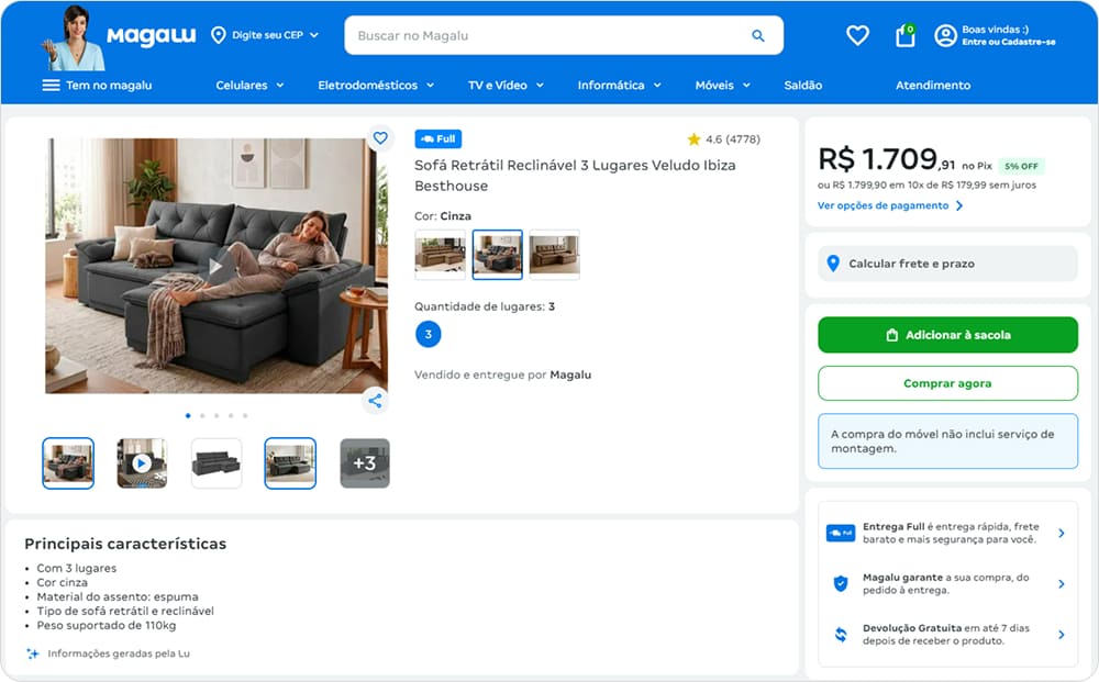 Página de produto com vários widgets
