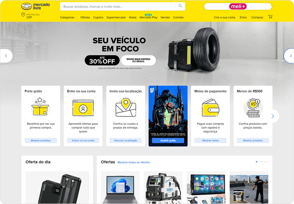 Página inicial com widgets em posições diferentes