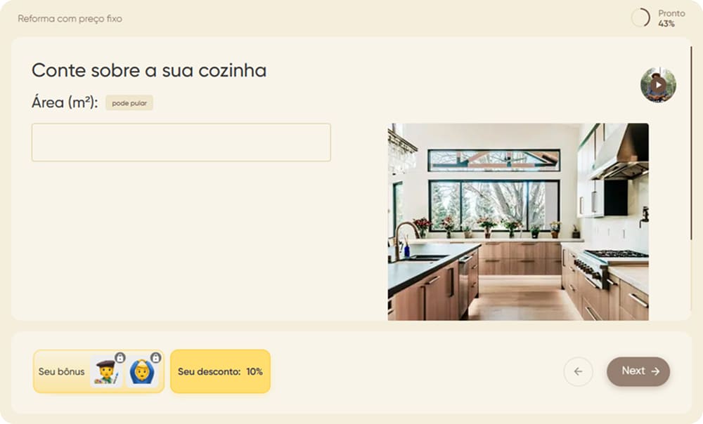 Quiz de reforma de cozinha que coleta o contato no fim