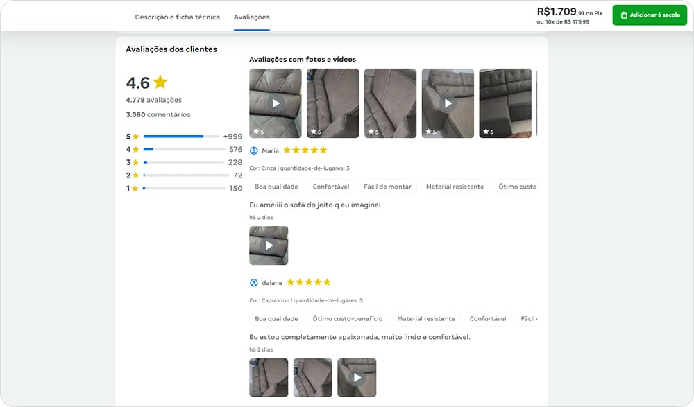 Widget de avaliações na página do produto