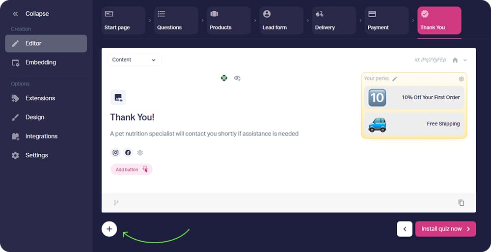 Add a second thank-you page in the quiz editor