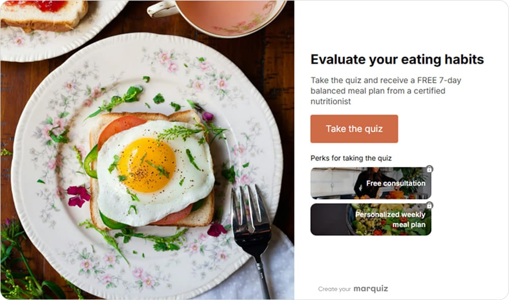 An assessment quiz promises an evaluation and a clear next step: a personal meal plan and a free consultation