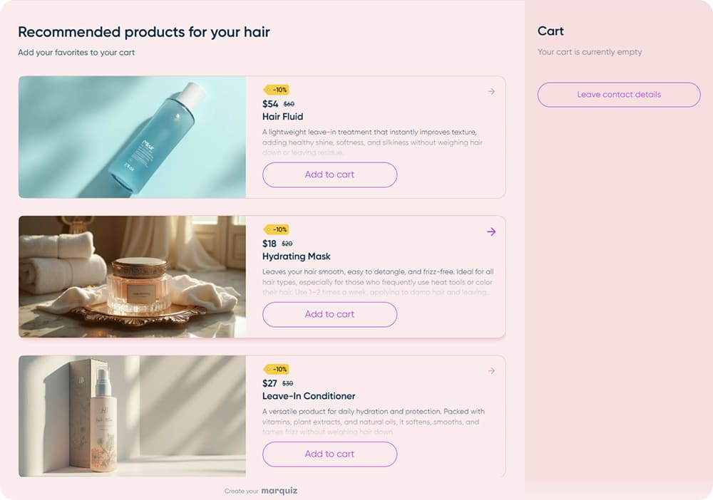 Instead of the whole catalog, the quiz shows three products matched to the person’s hair and a discount on each