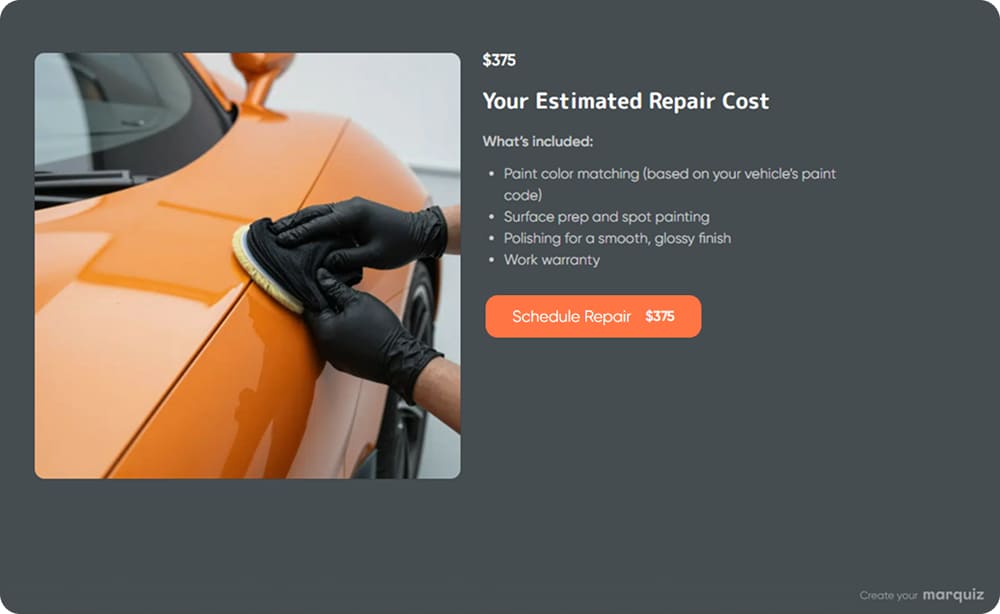 The calculator shows an estimated price and what it includes, with a button to book the repair right away
