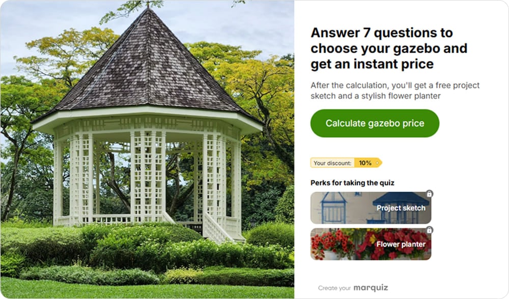 The start page promises a specific result in 7 questions and shows the bonuses up front