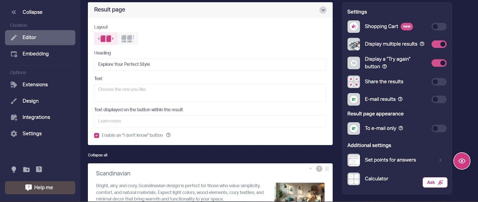 Result page settings