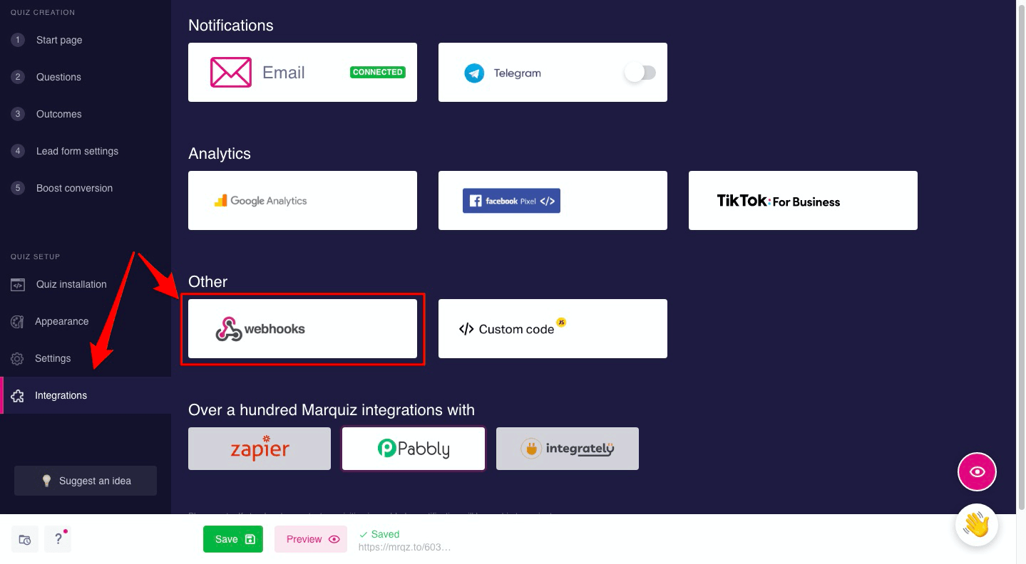How-to guide on setting up Marquiz with Pabbly Connect 5