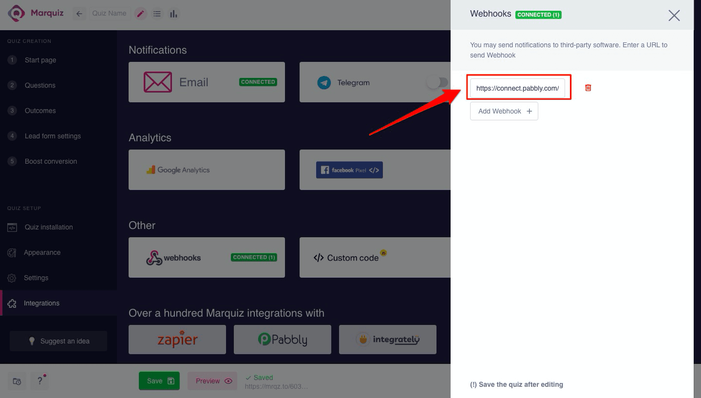 How-to guide on setting up Marquiz with Pabbly Connect 6