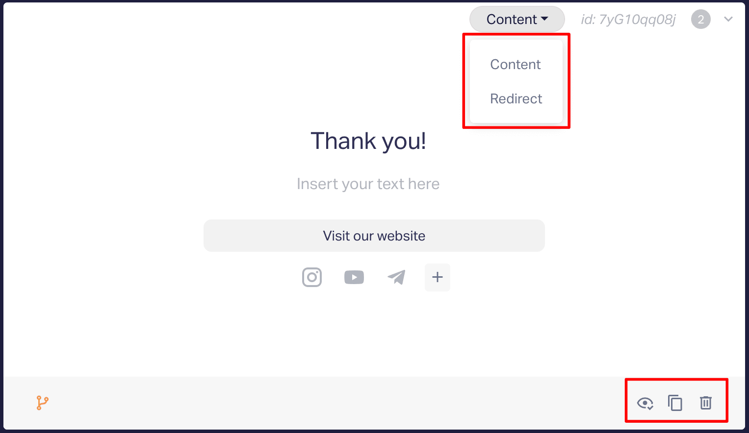 For each page, you can configure: Type (Content or Redirection). Page visibility (it will remain in the editor but won’t be displayed during the quiz). Duplication or deletion.