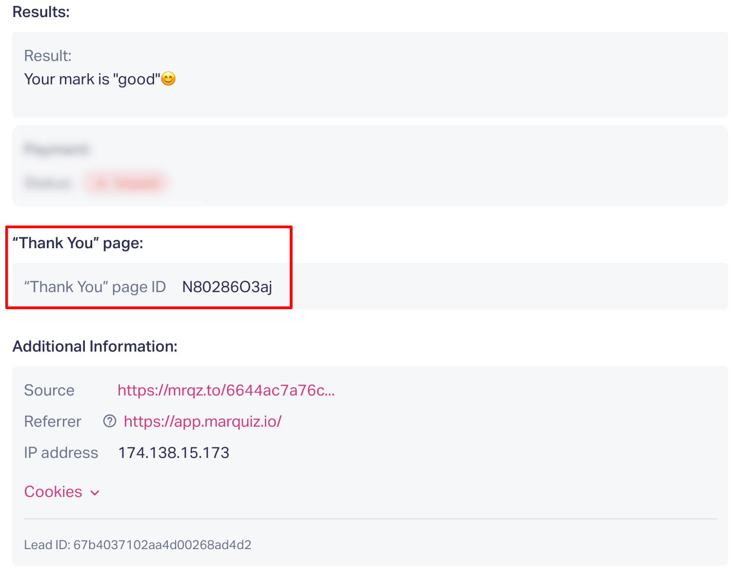 In the branching settings, the "Thank You" page ID is displayed. If there are multiple active pages in the quiz, the ID will be indicated in the